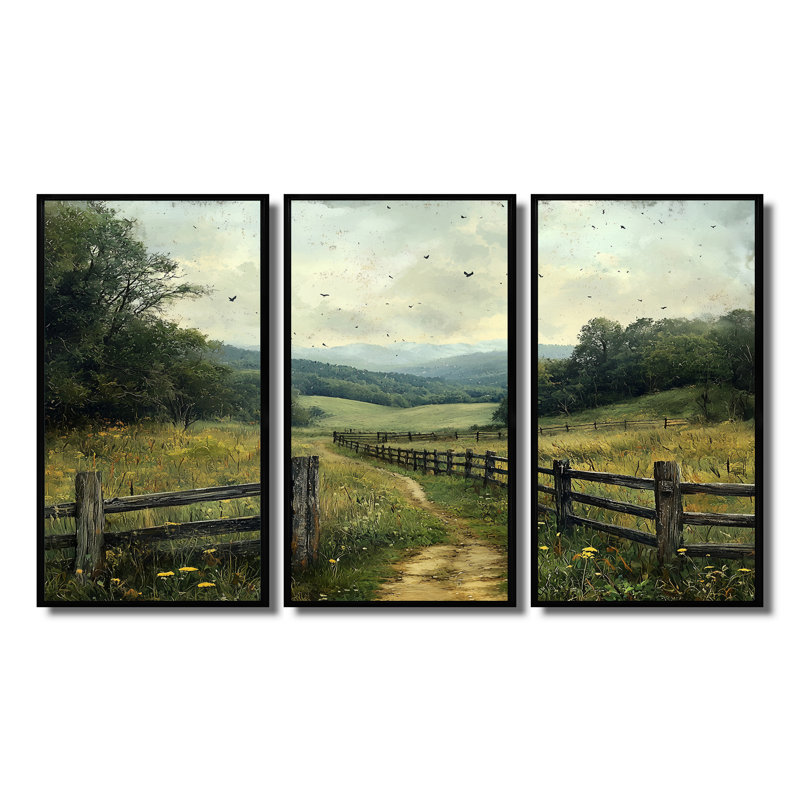 Ensemble de salon Green Peaceful Valley II - Farmhouse Wall Art, Toile avec cadre flottant noir, H 40 po x l 60 po x P 1 po