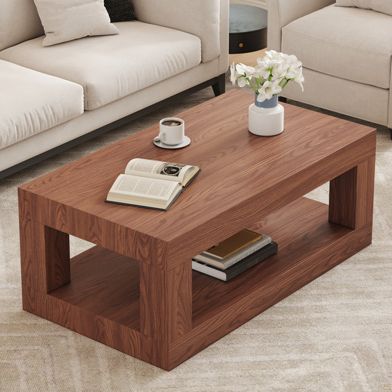 Table basse moderne à 2 niveaux, table centrale rectangulaire avec tablette de rangement ouverte