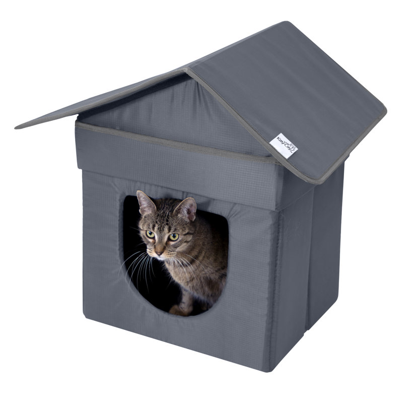 Gray Water-Resistant Outdoor Cat House with Clear Door Flaps
