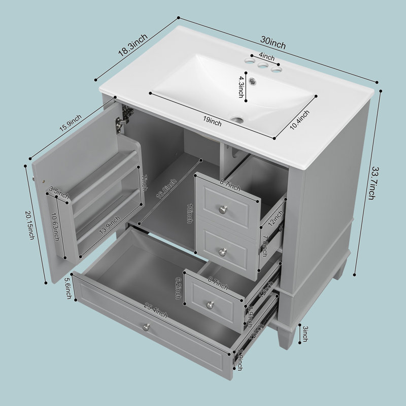 Meuble-lavabo 30 po avec lavabo en céramique, Gris