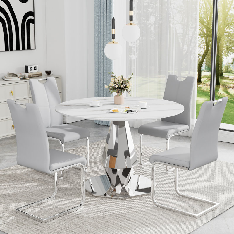 Ensemble de salle à manger à piédestal Luxtury, Blanc, Gris clair, Argent argent