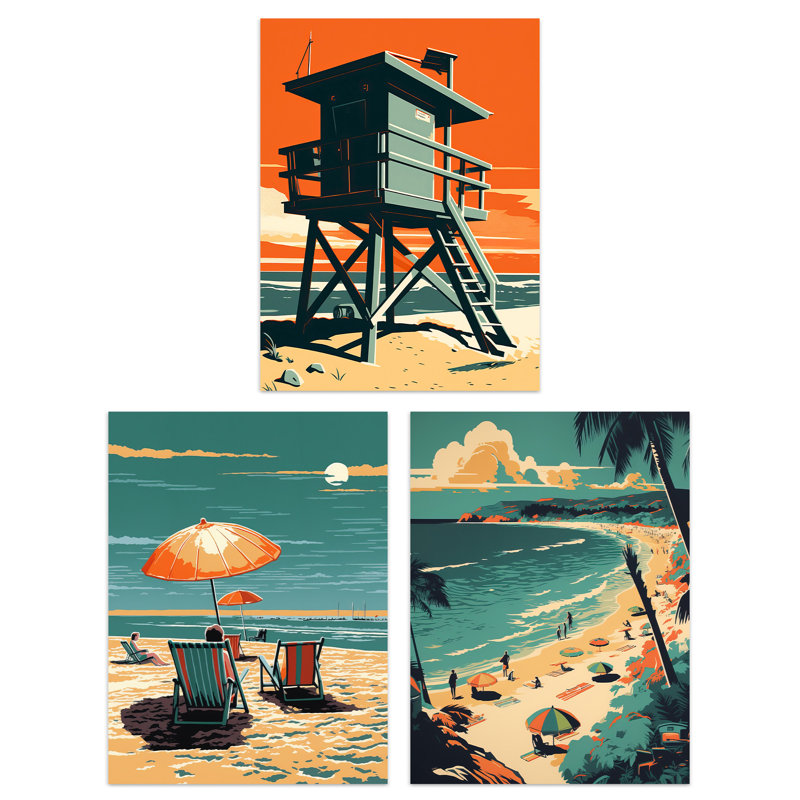 Coastal Landscapes Artwork Orange Teal Summer Beach Holiday - 3 Piece No Frame Print Set, 29.7cm H x 21cm W x 0.4cm D