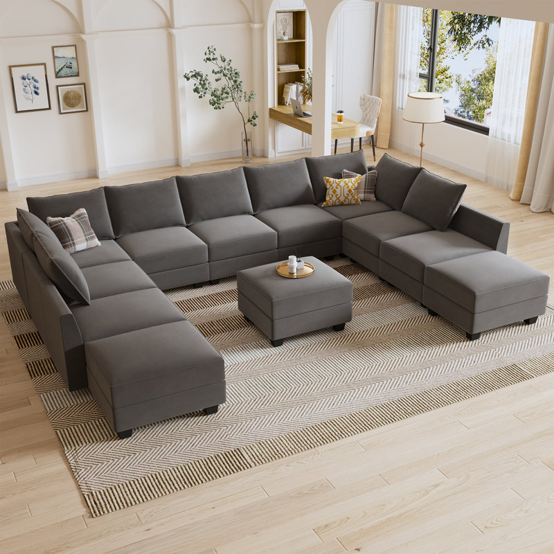 Canapé modulaire rembourré en velours Kandle, Velours gris