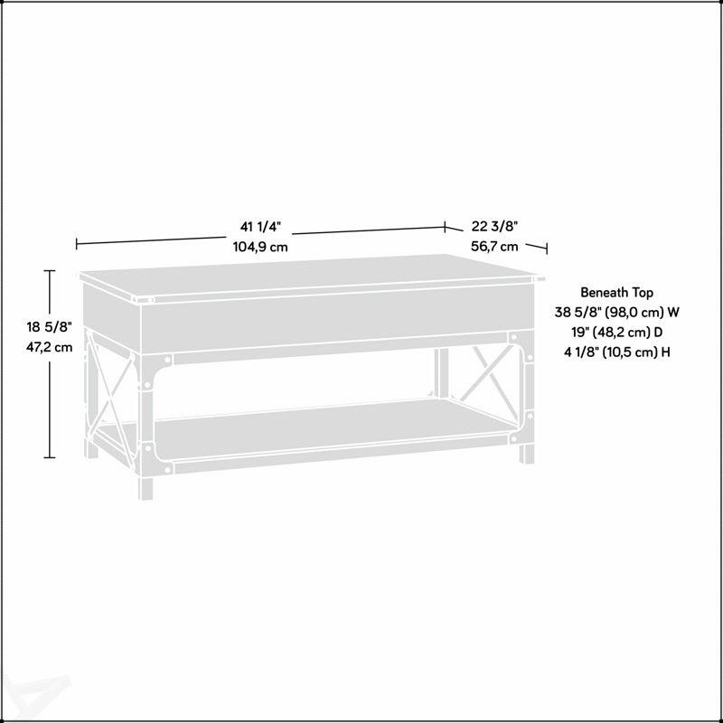 Table basse à plateau relevable de style industriel avec rangement dissimulé et tablette ouverte pour les espaces de vie modernes