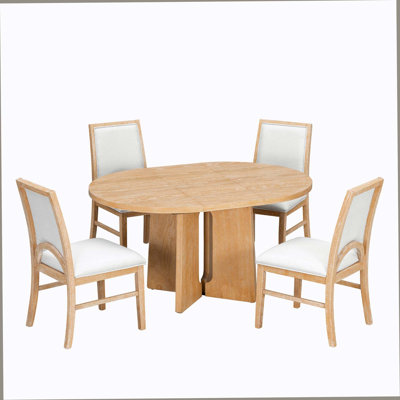 Table de salle à manger ronde en bois massif pour 4 personnes, ensemble de table de cuisine extensible avec 4 chaises de salle à manger rembourrées et rallonge amovible de 16 pouces pour la salle à manger, le salon, naturel et beige