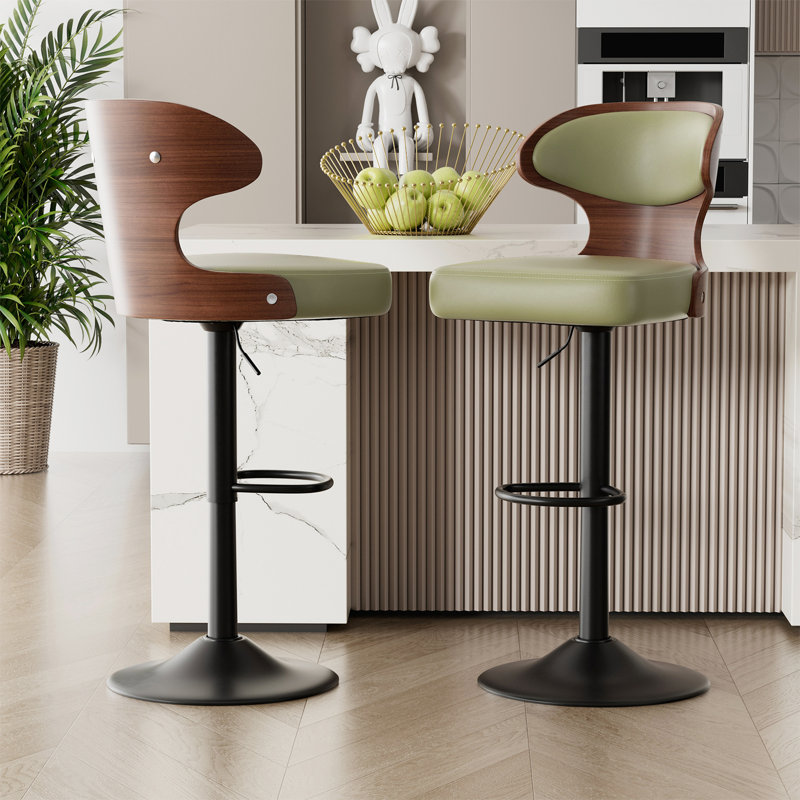 Bar Stools Set of 2 Seat Adjustable Height 62.2-85.1cm Bentwood Swivel Barstools with Back & Footrest - PU Leather Upholstered Bar Chair for Bar, Kitchen, Dining Room