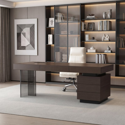 Bureau de direction moderne de 180 cm (70,87 po) avec 3 tiroirs, bureau asymétrique avec gestion des câbles intégrée, support transparent noir et plateau en placage de bois fumé
