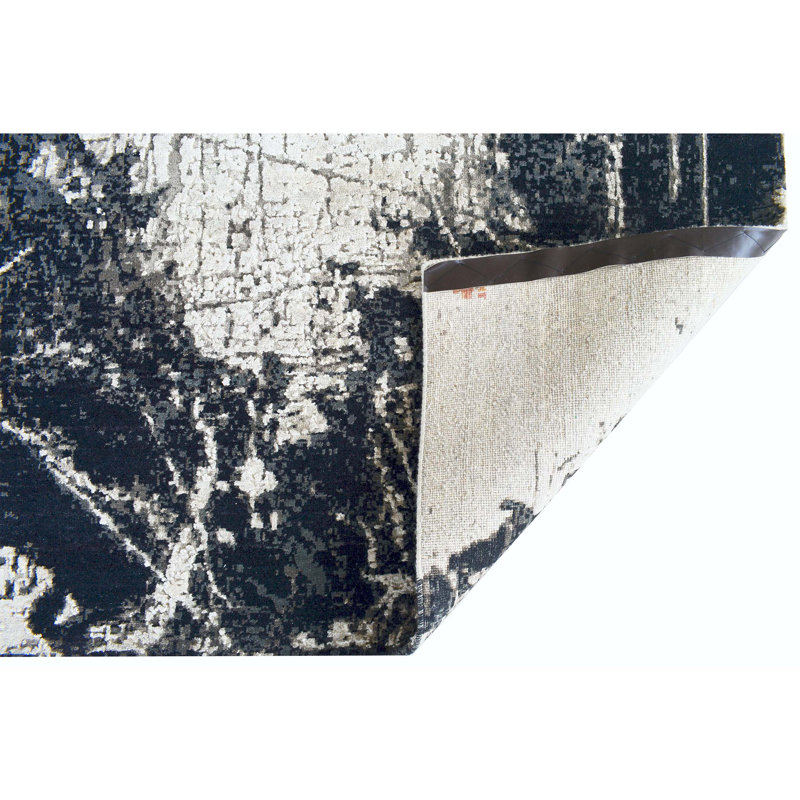 Tapis rectangulaire noir / gris en laine / soie noué à la main, null, Rectangle de 5 pi x 8 pi