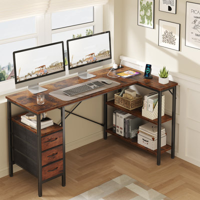 55 Inch L Shaped Office Desk with Power Outlets, 3 Drawers, Shelves for Gaming, Corner Work, Home Office, Study