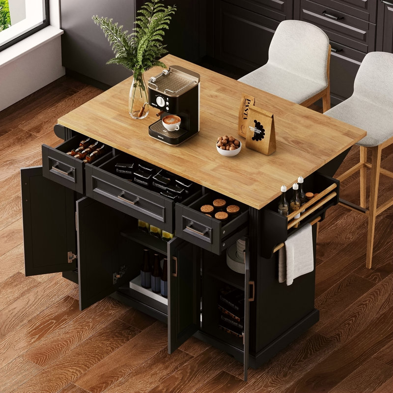 54Inch Large Kitchen Island With Rubber Wood Drop Leaf, Embossed Texture Rolling Kitchen Cart On 4 Wheels With 4 Doors And 3 Drawers, Kitchen Island With Storage For Kitchen, Dining Room
