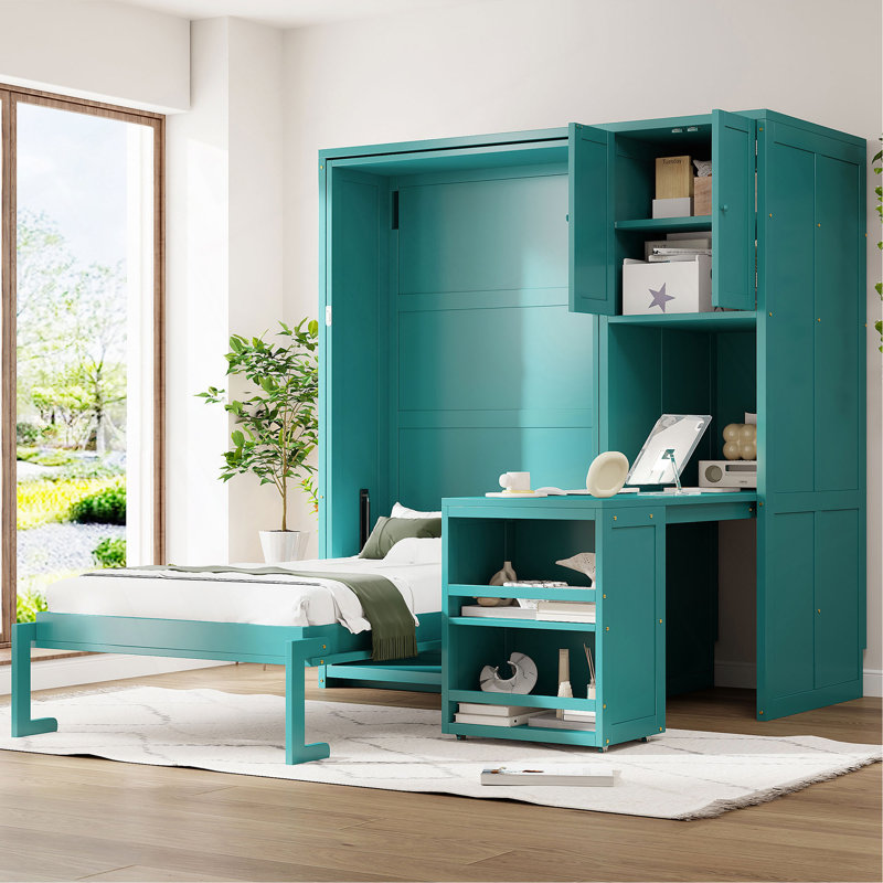 Lit escamotable mural rotatif avec bibliothèque, armoire supérieure, bureau extensible et rangement latéral, Sarcelle