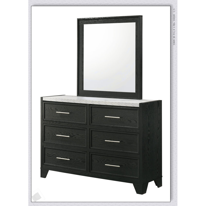 Commode contemporaine à 6 tiroirs avec plateau en faux marbre et finition noire contemporaine, parfaite pour les solutions de rangement élégantes.