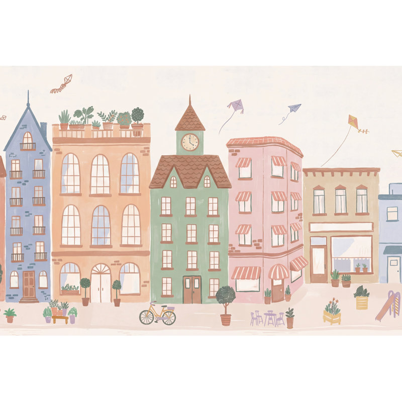 Adhésif mural fantaisiste de bâtiments pastel Whimsical Urban, 140" x 108", Non tissé non collé