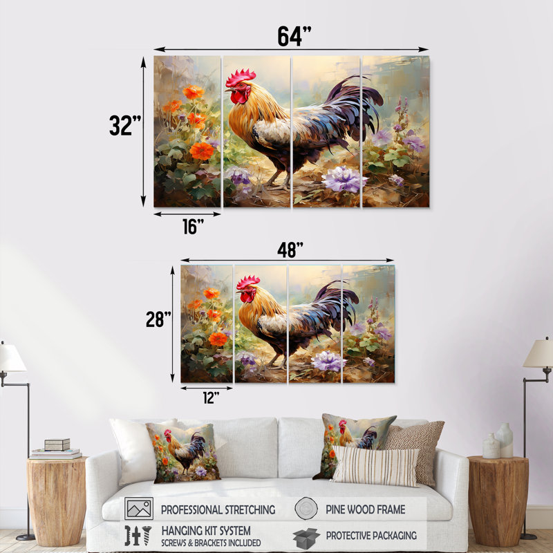 Red Melody Rooster S Flower Gardens - Rooster, ensemble de 4 pièces d'art mural, H 32 po x l 64 po
