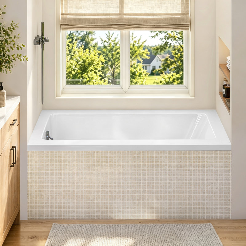 54 In. X 32 In. Acrylic Drop-In Bathtub Glossy White Rectangle Deep Soaking Bathroom Tub With Integrated Left Drain Hole for 3 Wall Installation
