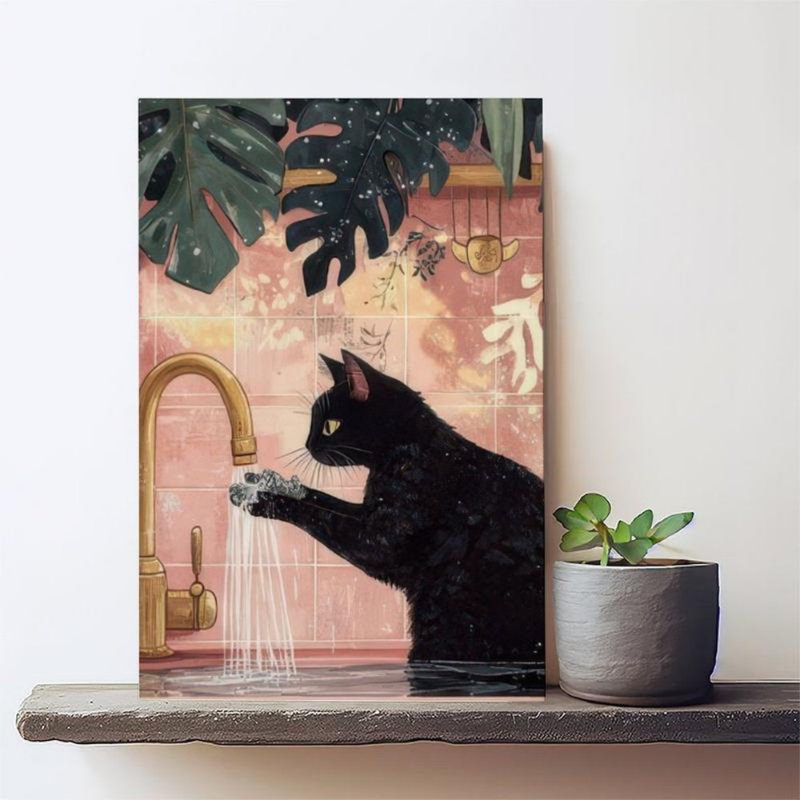 Chat noir douillet qui se lave les mains - Urban Studio, 30 x 20 pouces (75 x 50 x 2 cm)