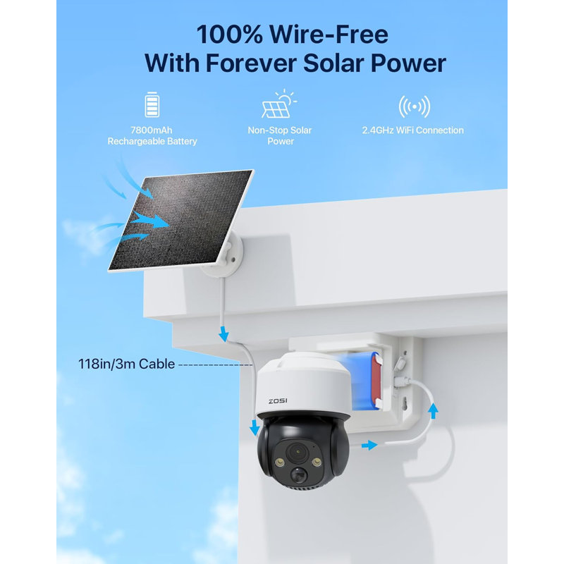  C291 4MP Wire-Free Battery Powered 360° PTZ Outdoor Security Camera with Solar Panel, Spotlight, 32GB SD Card