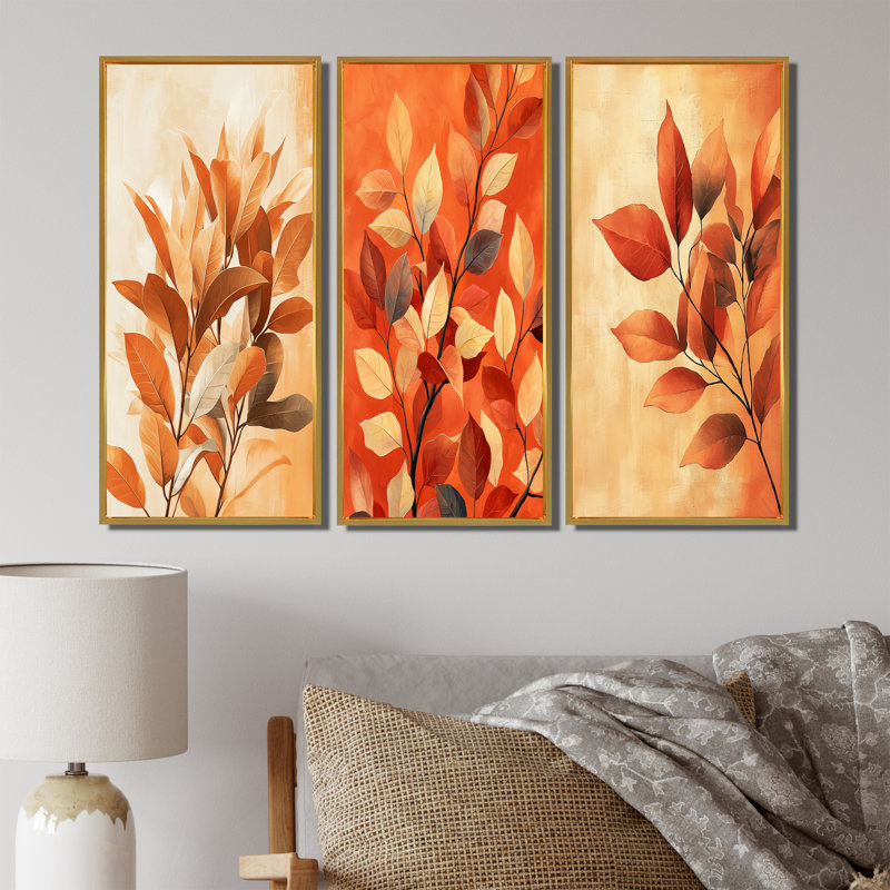 Terre cuite, feuilles, couches de la forêt I - ensemble de 3 décorations murales feuilles, H 28 po x l 36 po, Doré