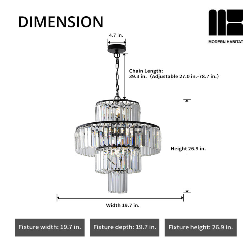 Crystal Chandelier, Black, 78.7" H x 19.7" W x 19.7" D