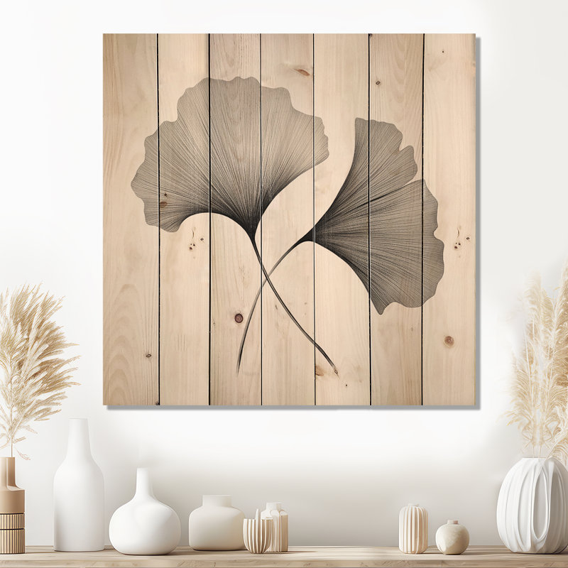 Ginkgo gris et blanc minimaliste, feuilles I - feuilles, art mural sur bois de pin naturel, H 36 po x l 36 po
