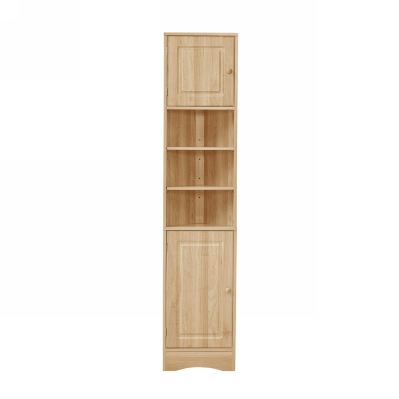 Armoire de rangement de coin haute en bois naturel avec étagères ajustables et portes fermées, Naturel