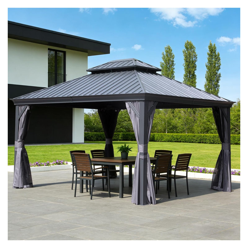 13'x15' Hardtop Gazebo with Galvanized Steel Double Roof, Outdoor Metal Pergola with Privacy Curtains & Netting for Patio, Deck, and Backyard