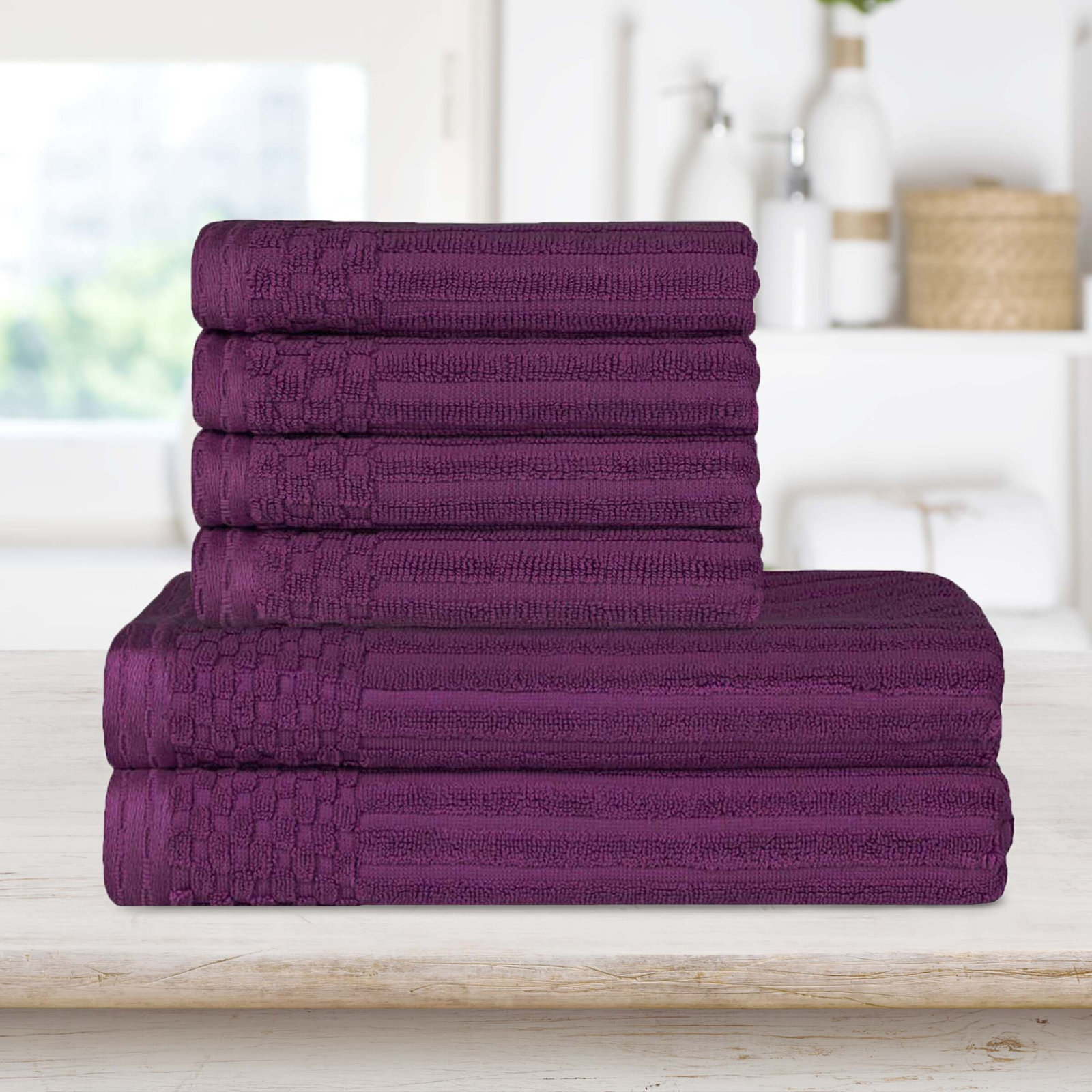 6-Piece Ribbed Cotton Towel Set, Plum