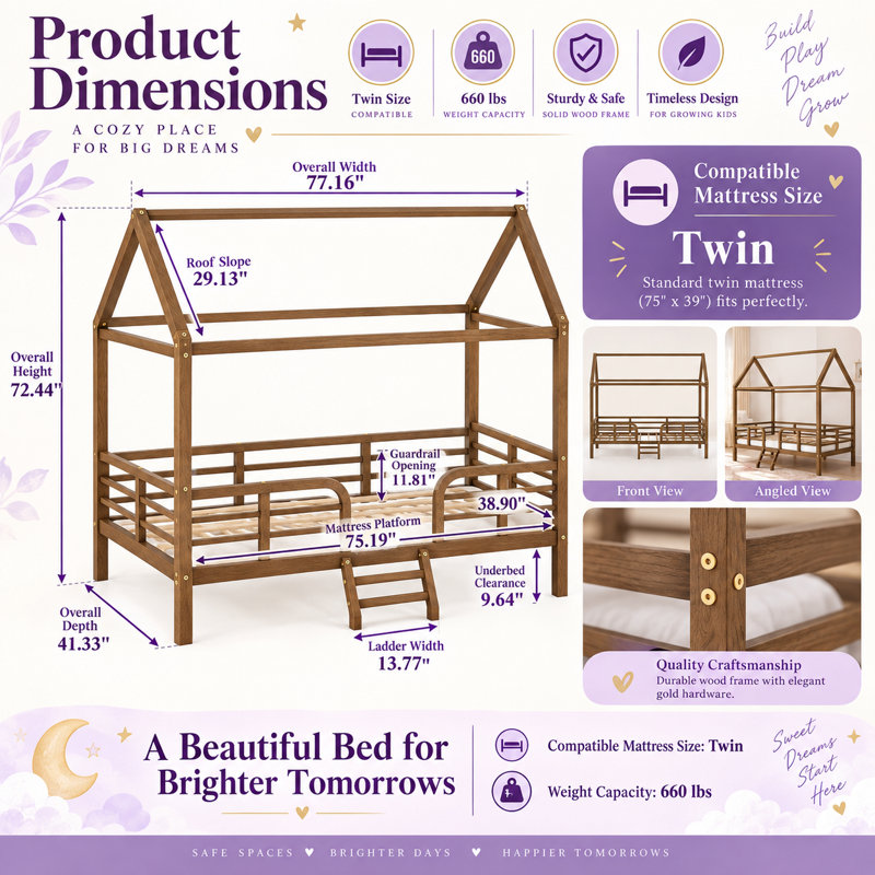 Lit cabane Montessori Ines Twin avec cadre en acier imitation bois, barrières de sécurité, échelle d'accès et trousse anti-basculement