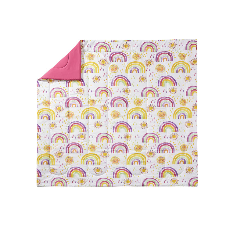 Full Pink Microfiber Reversible Comforter Set with Rainbows and Suns