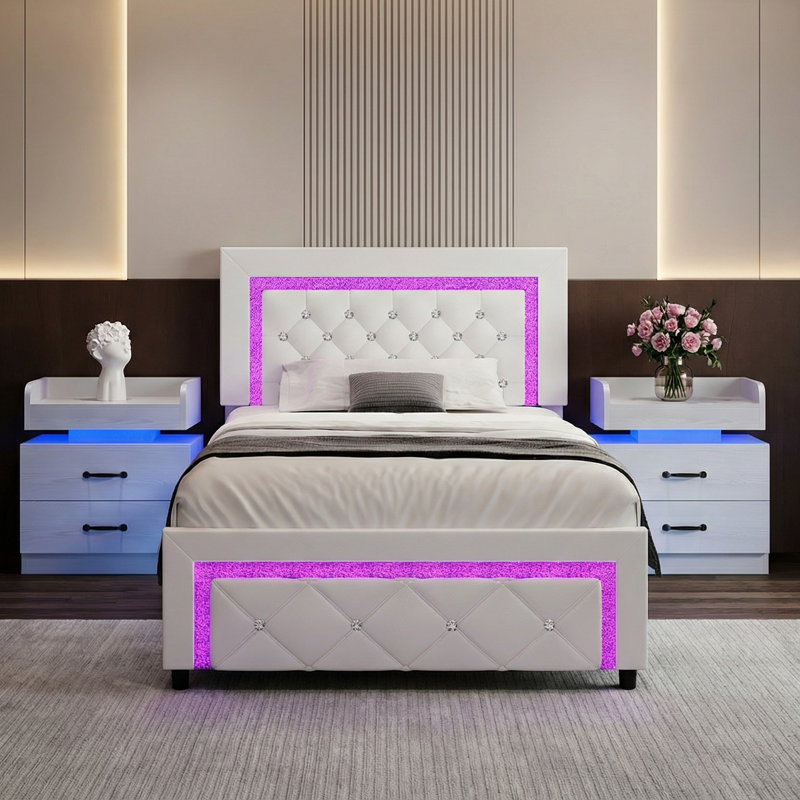 Structure de lit plateforme tapissier avec lumières DEL et ensemble de chambre à coucher avec tables de chevet à DEL assorties