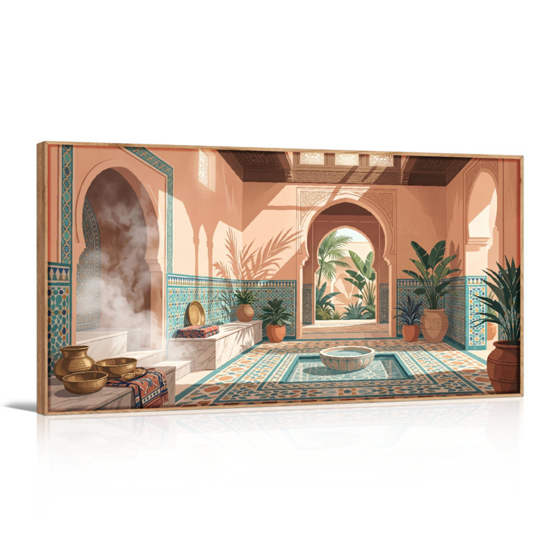 Ensemble d'un tableau sur toile représentant une cour marocaine, 58“W x 28”H, Natural