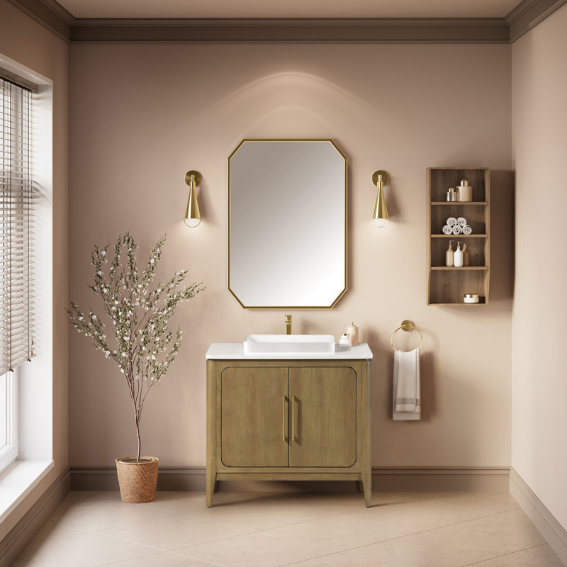 OVE Decors Heidi 36 In. Single Sink Freestanding Light Brown Oak Bathroom Vanity With White Quartz Top And Brushed Gold Hardware