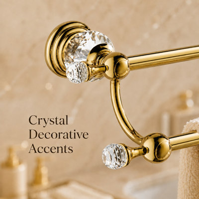 Crystal Double Towel Bar for Bathroom, Adjustable Wall Mounted Towel Rack 18.66"–30.51", Brushed Gold Finish, Luxury Double Towel Holder with Decorative Crystal Accents