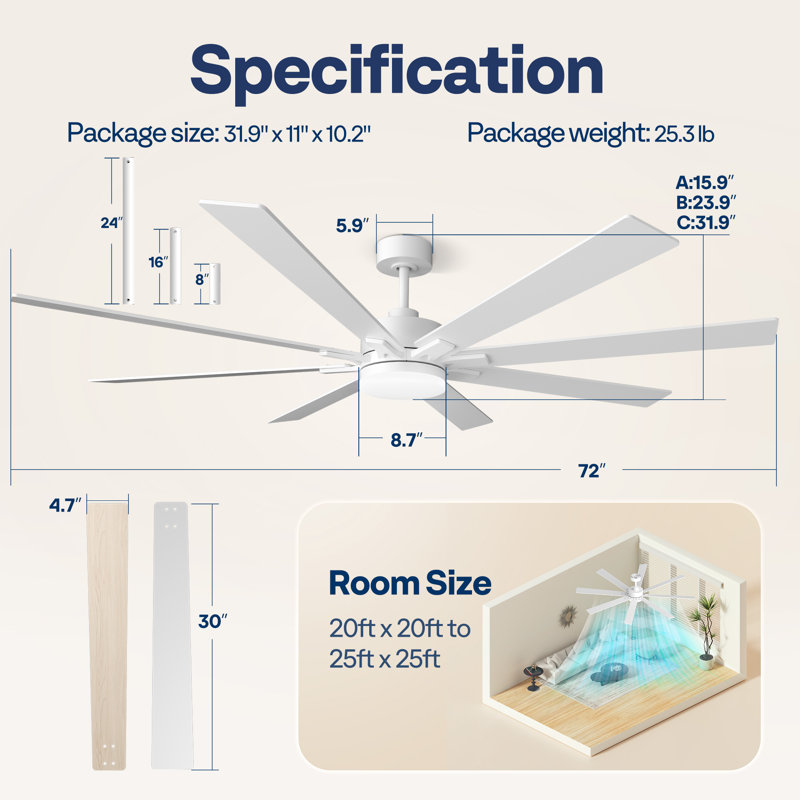 Ventilateur de plafond 72 pouces à profil bas avec lumière DEL et télécommande, Bois beige / blanc, Blanc