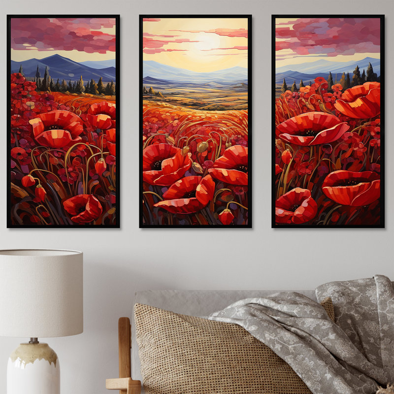 Red Crimson Floweret Garden Serenade - ensemble d'art mural floral, Cadre flottant noir, H 32 po x l 48 po x P 1 po