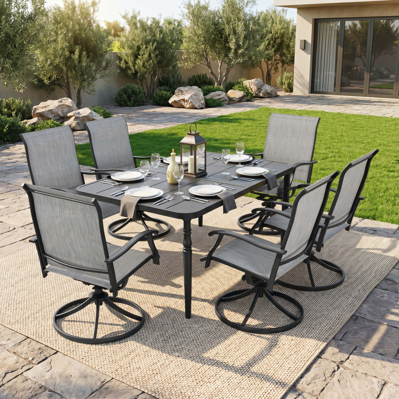 Ensemble de salle à manger de patio 7 pièces en textilène avec trou pour parasol, conception pivotante, Rectangle
