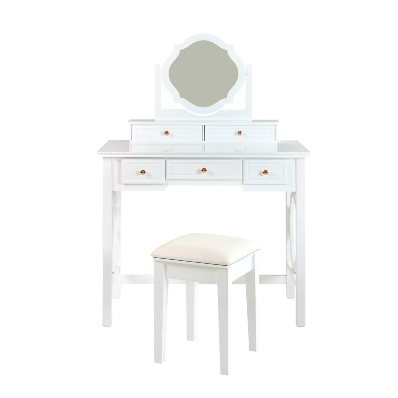 Coiffeuse compacte avec miroir réversible, coiffeuse avec tabouret, coiffeuse compacte pour petits espaces, blanc