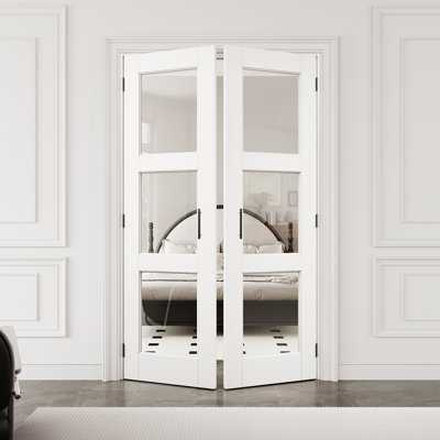 Porte française intérieure en verre transparent de 48 po x 80 po à 3 verres avec quincaillerie noire et poignée à boule, plaque de porte en verre trempé avec sécurité, pouvant être peinte et imperméable, combinaison pour la lessive, portes de placard, portes de pièce, assemblage requis