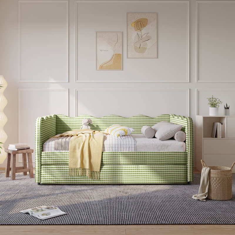 Linen Upholstered Gingham Daybed With Trundle, Usb Charging Port & Wave-Shaped Design, No Box Spring Needed, Green