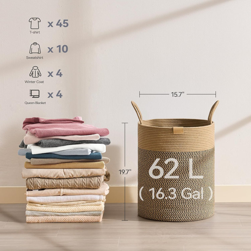 Large 62L Cotton Rope Woven Laundry Hamper Basket For Clothes Blankets Toys Storage, Durable Decorative Organizer For Bedroom Nursery Living Room