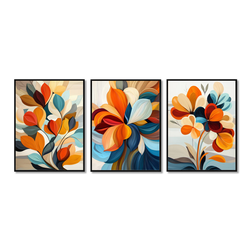Mid Century Enchanted Bloom Flowers - Orange Abstract Floral, art mural 3 pièces, Cadre flottant noir, H 32 po x l 72 po