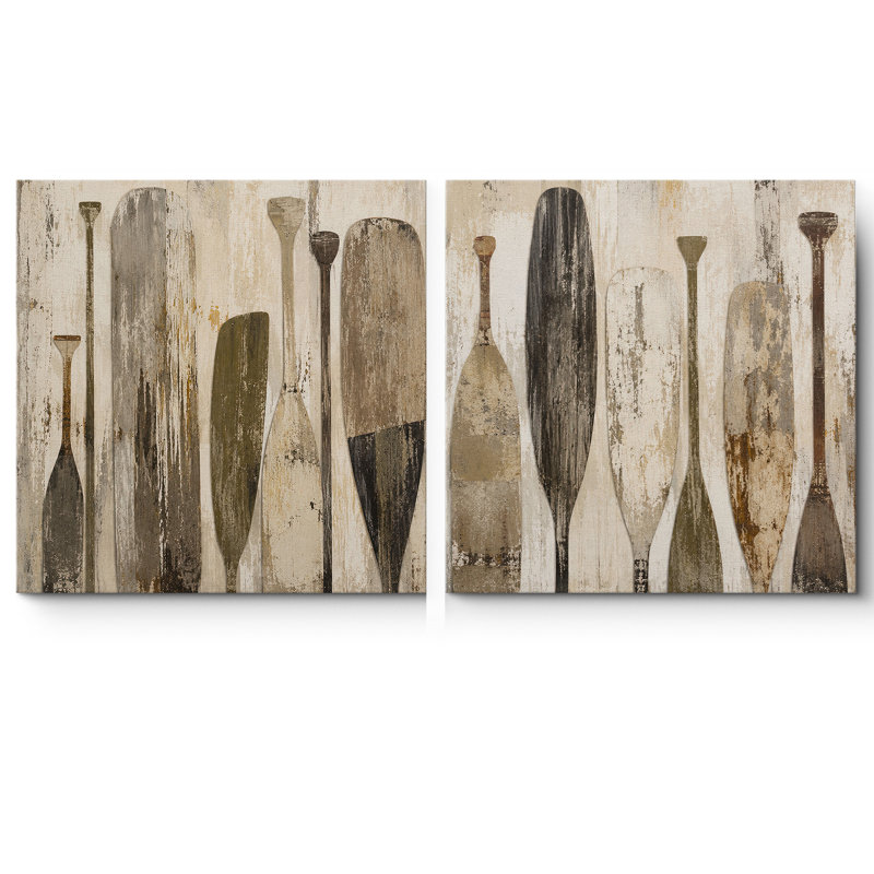 «Rustic Wooden Oars And Paddles With Neutral Vintage Lake House», ensemble de 2 reproductions d'art sur toile encadrées