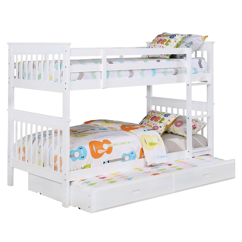 Lit superposé simple blanc avec garde-corps, construction en pin massif, style transitionnel pour la chambre, rangement sous finition en pin, rail, chambre à coucher de style contemporain