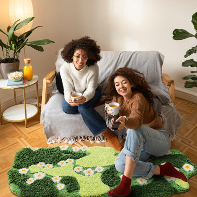 Tapis de bain en mousse, joli tapis de bain vert avec fleurs blanches, 109 x 51 cm