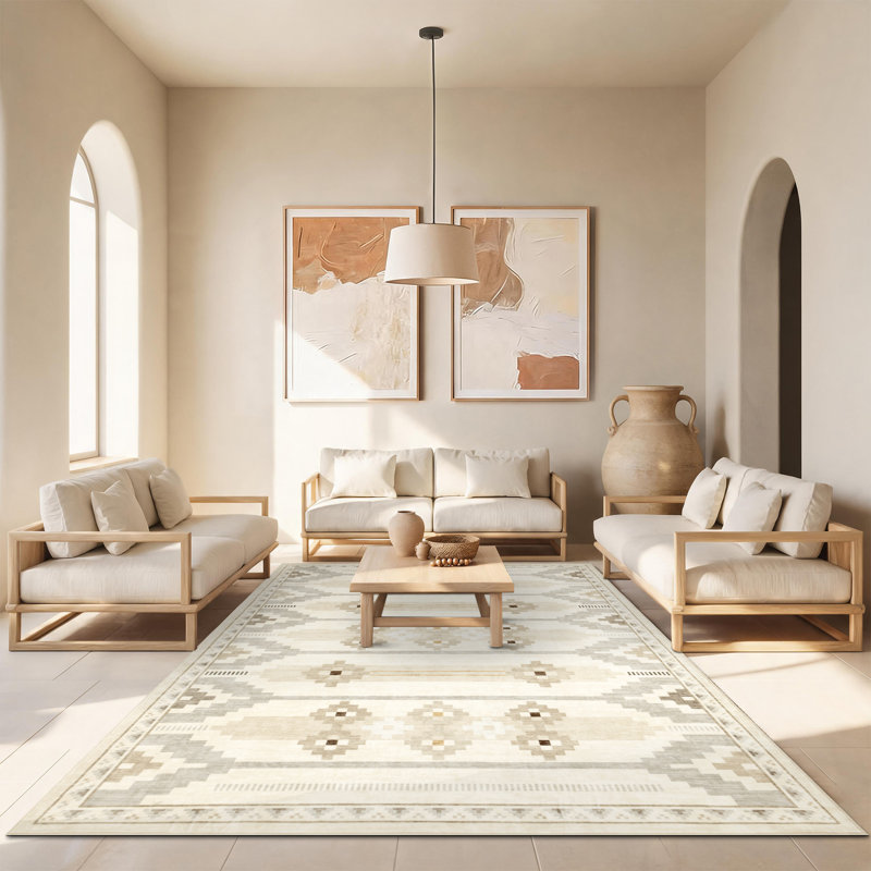 5x7 Vintage Southwestern Area Rug, Non-Slip Washable Low-Pile Boho Stain Resistant Foldable Carpet for Living Room, Beige
