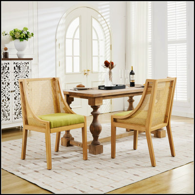 Rattan Dining Chairs with Solid Wood Frame, Decorative Armrests, and Linen Upholstered Seat for Rustic Elegance in Any Room