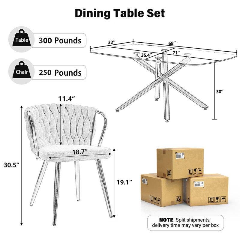 Elegant 71" Modern Retro Dining Table Set For 4-8, Rectangular Glass Top Dining Table With Stainless Steel Base & Velvet Arm Chairs, Multi-Purpose Kitchen Dining Room Furniture For Gathering, Living Room, Restaurant