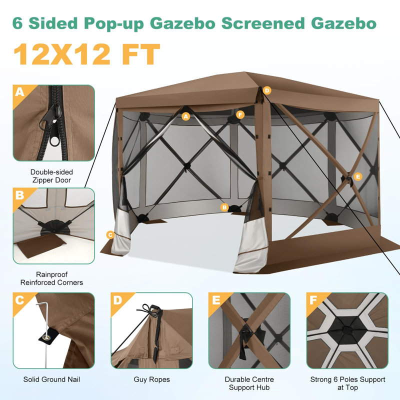 12'x12'FT Screen Room with Mosquito Netting, Brown