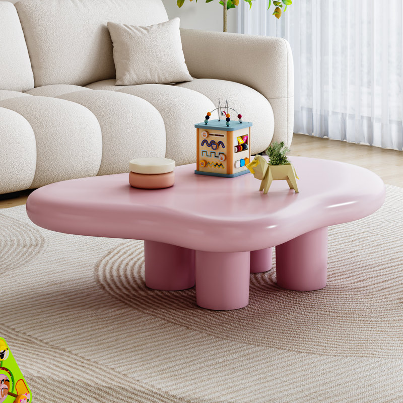 48.5" Cloud Shape Modern Coffee Table with Irregular Edge Top and 4 Round Legs, Minimalist Accent Table for Living Room, Pink