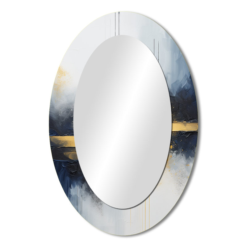 Tempête de marbre bleu et jaune IV - Miroir décoratif abstrait ovale sur métal, 36 po x 24 po
